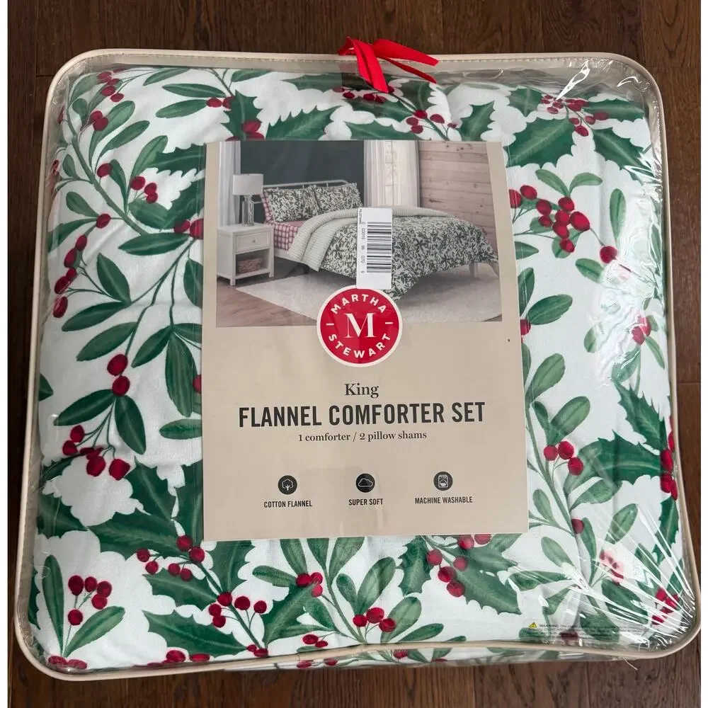 NEW! Martha Stewart King Deck The Halls 3PC Flannel Comforter Set
